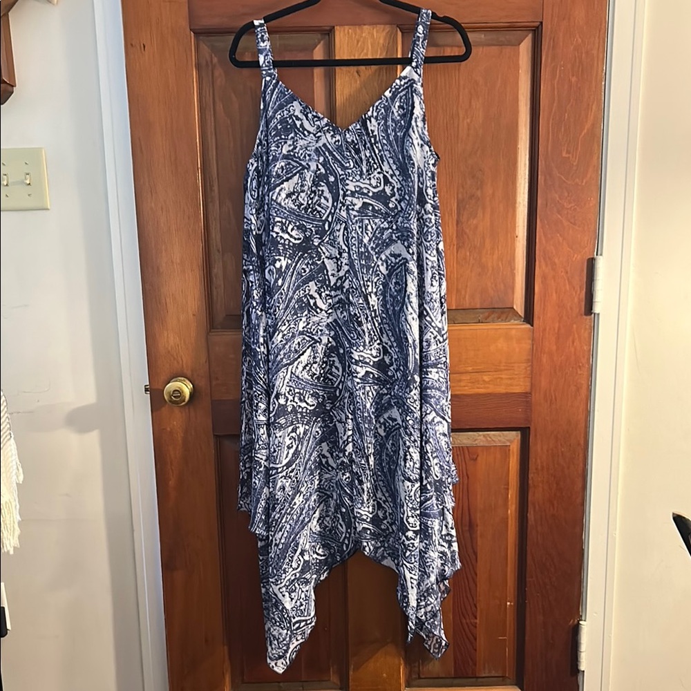 Blue print Flowing dress, handkerchief hem